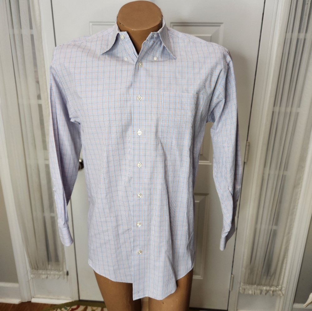 Nautica Button Down Wrinkle Free Dress Shirt Blu Brn Rust White Size 15 32/33